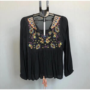 Altar'd State Blouse S Long Sleeve Boho Flowing Tassel Embroidery Floral Black